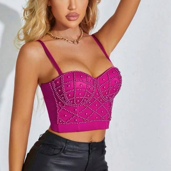 Pink Sexy Beads Bustier Crop Cami Top - Picture 4 of 5